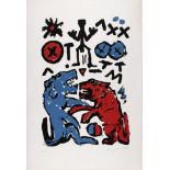 A.R. Penck (German 1939 - 2017) RED AND BLUE DOGS FIGHTING