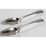 A PAIR OF VICTORIAN SILVER FIDDLE THREAD AND SHELL PATTERN SPOONS, MAKER'S MARK RUBBED, LONDON, 1852