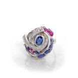 A SAPPHIRE, RUBY AND DIAMOND RING