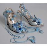 A PAIR OF BLUE DIOR WRAP-AROUND HEELS