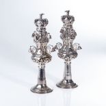 JUDAICA, A PAIR OF RUSSIAN SILVER TORAH FINIALS/RIMOMIM