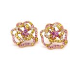 A PAIR OF FLOWER DESIGN FANCY GEM AND DIAMOND STUD EARRINGS