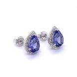 A PAIR OF HALO DESIGN TANZANITE AND DIAMOND STUD EARRINGS