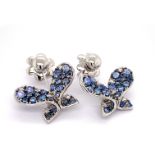 A PAIR OF BUTTERFLY DESIGN SAPPHIRE & DIAMOND DROP EARRINGS