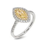 A MARQUISE CUT CAPE YELLOW DOUBLE HALO DIAMOND RING