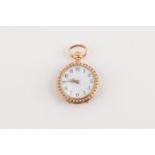 AN 18CT GOLD, DIAMOND, SEED PEARL AND ENAMEL OPEN-FACED FOB WATCH