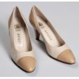 A PAIR OF TWO-TONE TAUPE RAYNE COURT SHOES