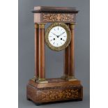 A FRENCH WALNUT MARQUETRY PORTICO CLOCK, JAPY FRERES, CIRCA 1850