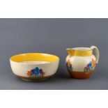 A CLARICE CLIFF 'CROCUS' PATTERN FRUIT BOWL AND JUG, 1930s