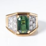 A GREEN TOURMALINE AND DIAMOND RING