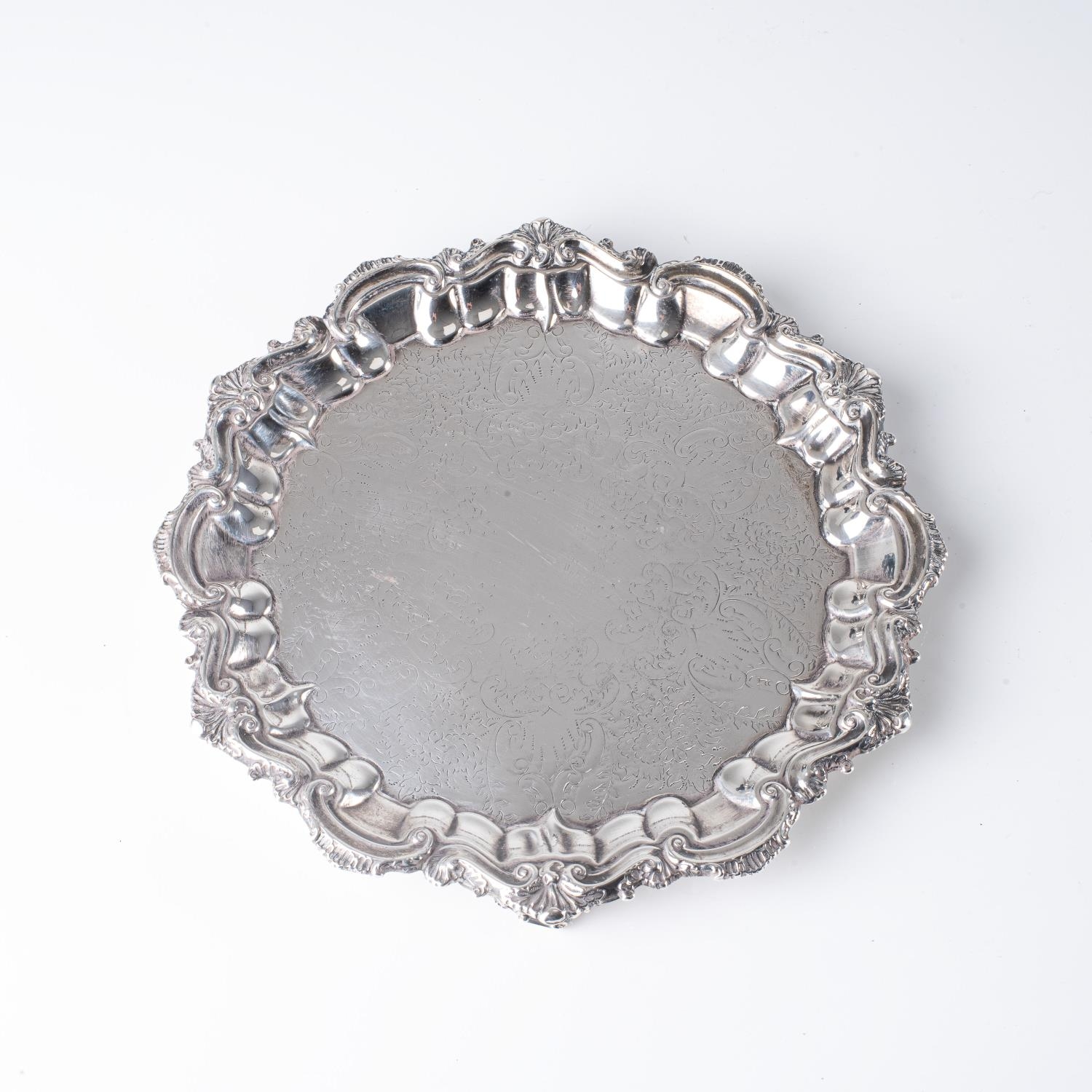 A GEORGE III SILVER SALVER, POSSIBLY BARNABUS BLACKBURN, BIRMINGHAM, 1877