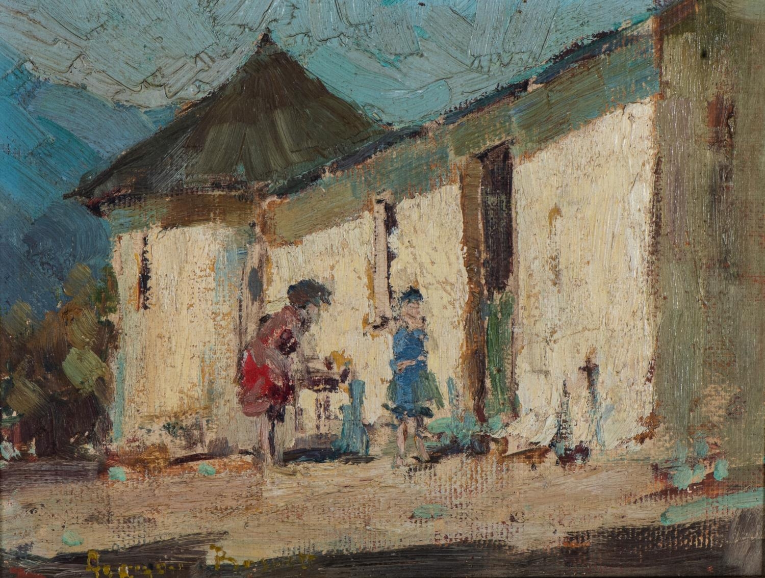 Adriaan Hendrik Boshoff (South Africa 1935 - 2007): FIGURES BESIDE BUILDING