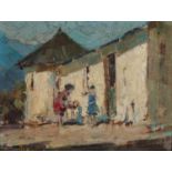 Adriaan Hendrik Boshoff (South Africa 1935 - 2007): FIGURES BESIDE BUILDING