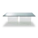 A GLASS TOPPED DINING ROOM TABLE, MODERN