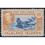 FALKLAND ISLANDS 1938 KGVI 5/- INDIGO &amp; PALE YELLOW-BROWN