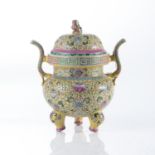 A CHINESE YELLOW GROUND FAMILLE ROSE TRIPOD CENSER, REPUBLIC OF CHINA, 1949