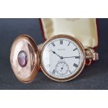 VINTAGE ELGIN 9CT GOLD POCKET WATCH W/ BOX, circular white dial with black roman numeral hour