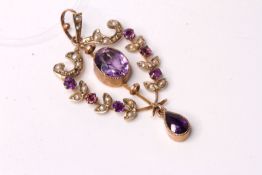 Art Nouveau Amethyst and Pearl Pendant, central Amethyst with Amethyst drop, seed pearl set