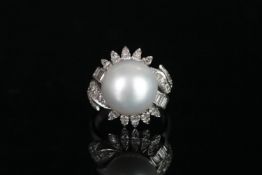 Large pearl and diamond fancy cocktail ring, mounted in white metal stamped 18K, large white pearl