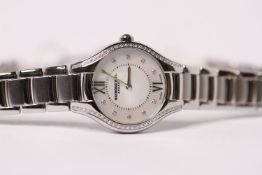 LADIES RAYMOND WEIL NOEMIA REF 00985 W/BOX & PAPERS, circular mother of pearl dial set with diamonds