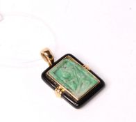 Jade and Onyx Pendant, carved jade panel, 19x17mm, set within an onyx frame, in yellow gold