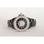 LADIES CHANEL J12 CERAMIC QUARTZ, circular dial set with diamonds, black outer dial with white