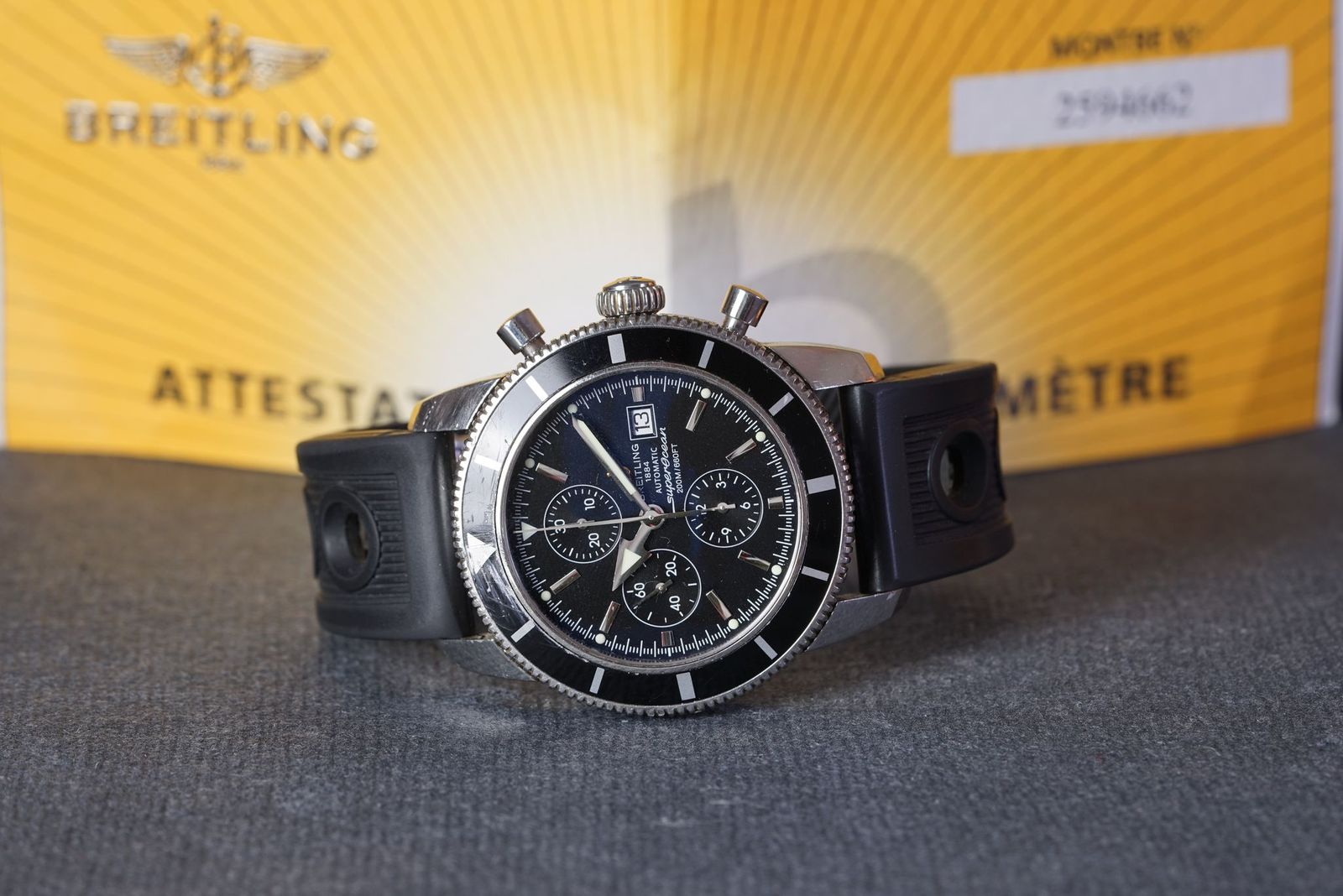 GENTLEMENS BREITLING AUTOMATIC SUPEROCEAN CHRONOGRAPH WRISTWATCH, circular black triple register