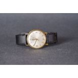 GENTLEMENS OMEGA GOLD WRISTWATCH, circular silver dial with applied baton and roman numeral hour