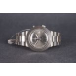 GENTLEMENS OMEGA CHRONOSTOP DATE WRISTWATCH, circular grey dial with applied block hour markers