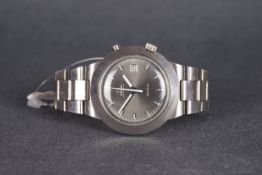 GENTLEMENS OMEGA CHRONOSTOP DATE WRISTWATCH, circular grey dial with applied block hour markers