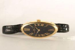 RARE LADIES BAUME & MERCIER BAIGNOIRE WRISTWATCH REF. 38261, oval black dial with gold leaf hands,