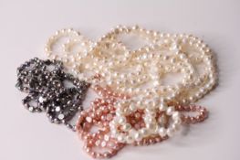 3x Freshwater Pearl necklaces, white, black and rose pearls, various lengths