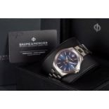 GENTLEMENS BAUME & MERCIER CLIFTON DATE WRISTWATCH W/ BOX & WARRANTY CARD, circular blue two tone