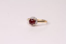 Natural Ruby & Diamond Ring, set with 1 round cut ruby 1.08ct, 16 round brilliant cut diamonds