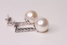 Pair of Cultured Pearl & Diamond Drop Earrings, set with 2 round cultured pearls, 10 round brilliant