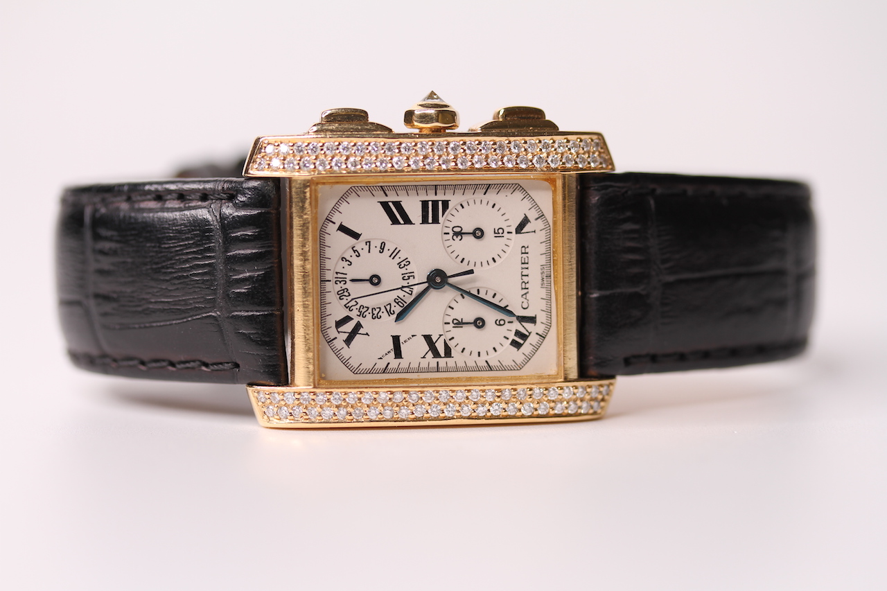 18CT DIAMOND SET CARTIER TANK FRANCAISE CHRONOFLEX REFERENCE 1830 WITH BOX AND PAPERS, rectangular - Image 2 of 4