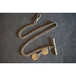 ANTIQUE STERLING SILVER ALBERT CHAIN W/ T BAR, albert chain with fob and t bar, possibly produced
