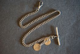 ANTIQUE STERLING SILVER ALBERT CHAIN W/ T BAR, albert chain with fob and t bar, possibly produced