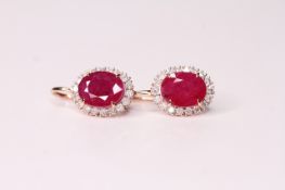 Pair of Natural Ruby & Diamond Earrings, set with 2 oval cut rubies totalling 6.24ct, 36 round