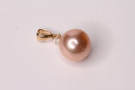 Cultured Pearl & Diamond Pendant, set with 1 round cultured pearl, 1 round brilliant cut diamond 0.