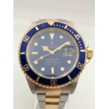 GENTLEMENS ROLEX SUBMARINER REF 16613, blue dial with hour markers, steel and gold oyster