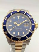 GENTLEMENS ROLEX SUBMARINER REF 16613, blue dial with hour markers, steel and gold oyster