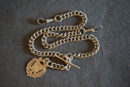 ANTIQUE STERLING SILVER ALBERT CHAIN W/ FOB, albert chain with fob and t bar, possibly produced in