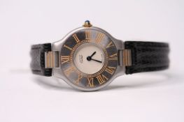 LADIES MUST DE CARTIER WRISTWATCH, cream dial, roman numerals on bezel, black leather strap,