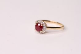 Natural Ruby & Diamond Cluster Ring, set with 1 round cut ruby 0.77ct, surrounded by 16 round