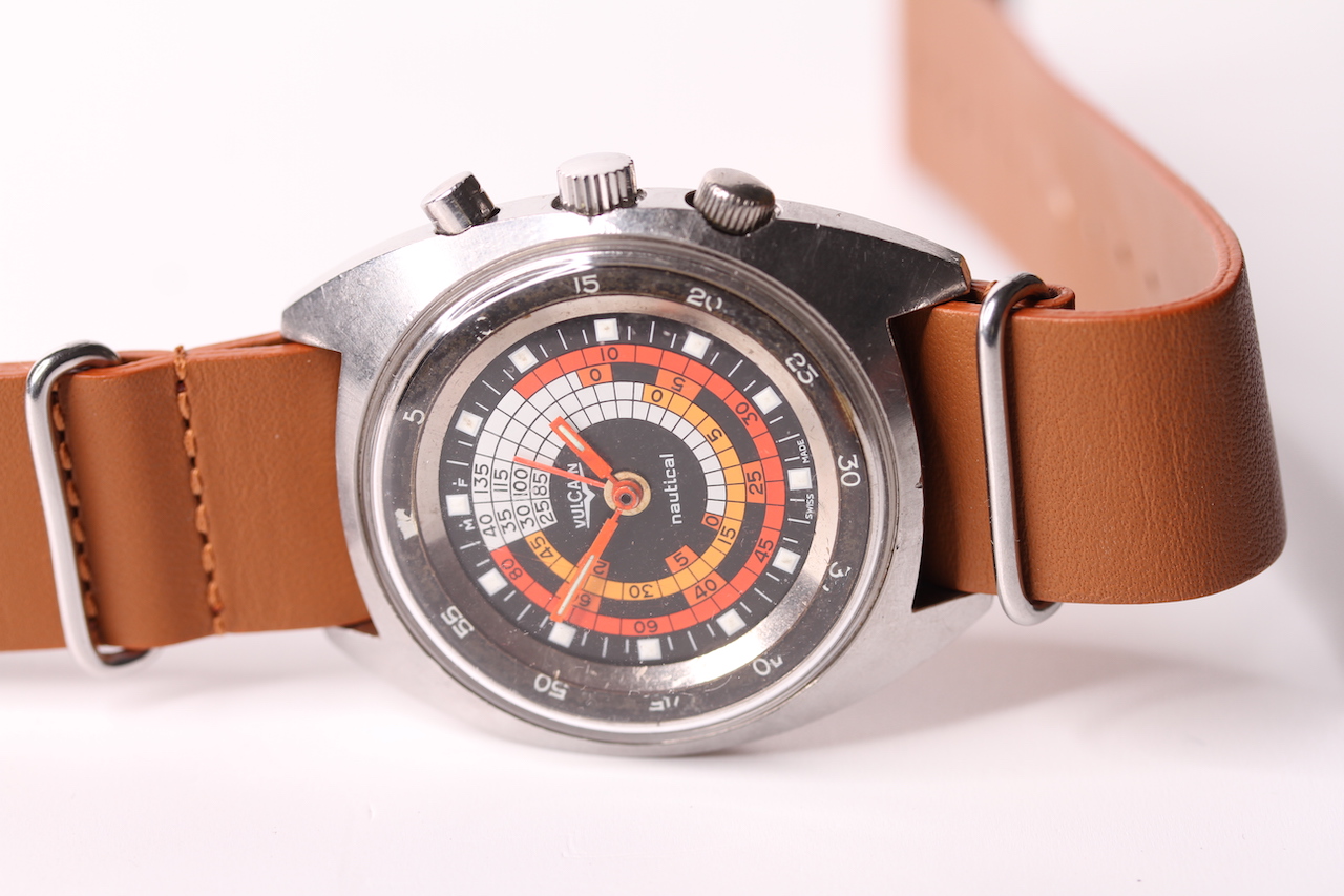 VINTAGE VULCAIN NAUTICAL, circular dial with multiple inner tracks in red and orange, red hands, - Image 2 of 6