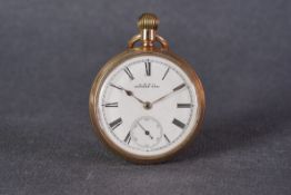 GENTLEMENS WALTHAM ROLLED GOLD POCKET WATCH CIRCA 1893, circular white dial with black roman numeral