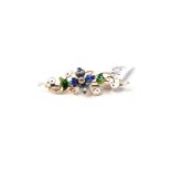 Victorian 15ct Diamond and Enamel Floral Brooch, central old cut diamond set within a blue enamel