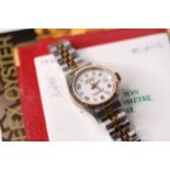 LADIES ROLEX BI COLOUR OYSTER PERPETUAL DATE JUST REFERENCE 69173 CIRCA 1998 WITH BOX + PAPERS,