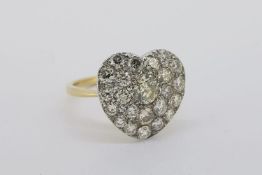 Heart Shaped Ring, pave set diamonds in white gold, diamond weight unknown, tests as 18ct yellow